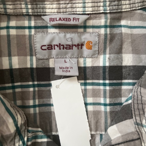 Carhartt Men's Button Down Relaxed Fit Short Sleeve Grey/Teal Plaid Shirt Size L - Picture 3 of 4